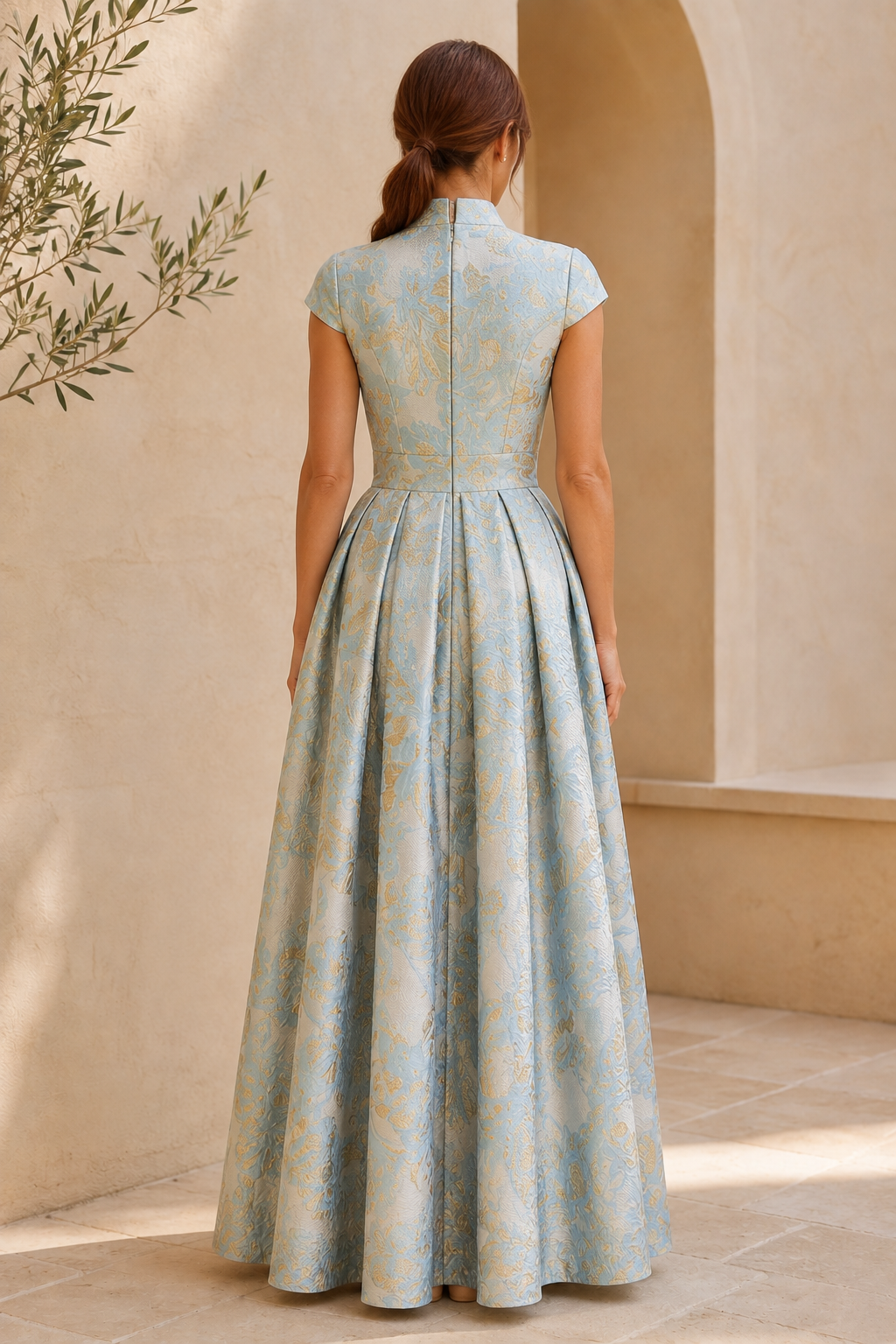 Blumengemustertes Jacquard-Kleid in A-Linie mit V-Ausschnitt und Flügelärmeln