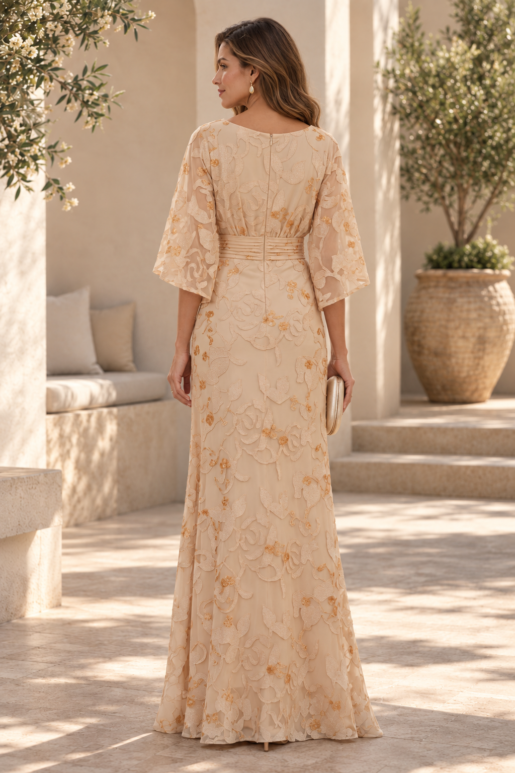Embroidered Floral Gown with Bell Sleeves