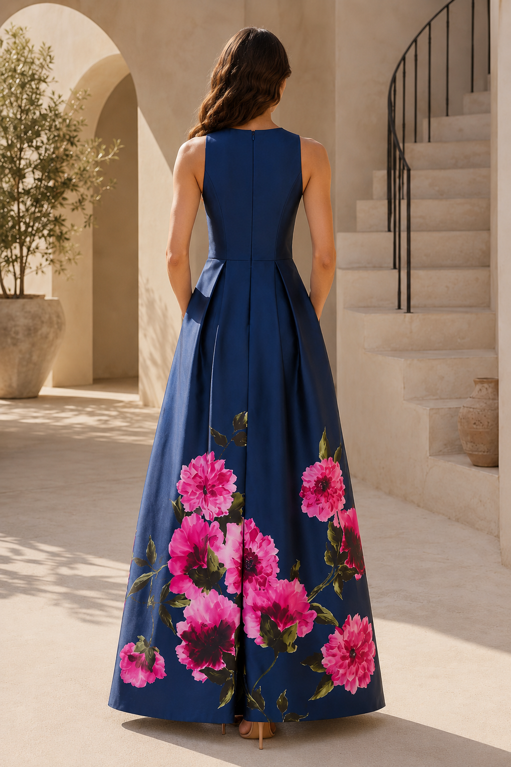 Blumendruck Abendkleid mit Schleifengürtel in A-Linie