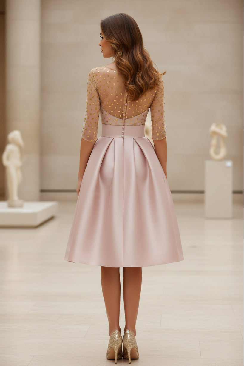 Cocktailkleid aus plissiertem Satin mit Tupfen-Illusion-Oberteil