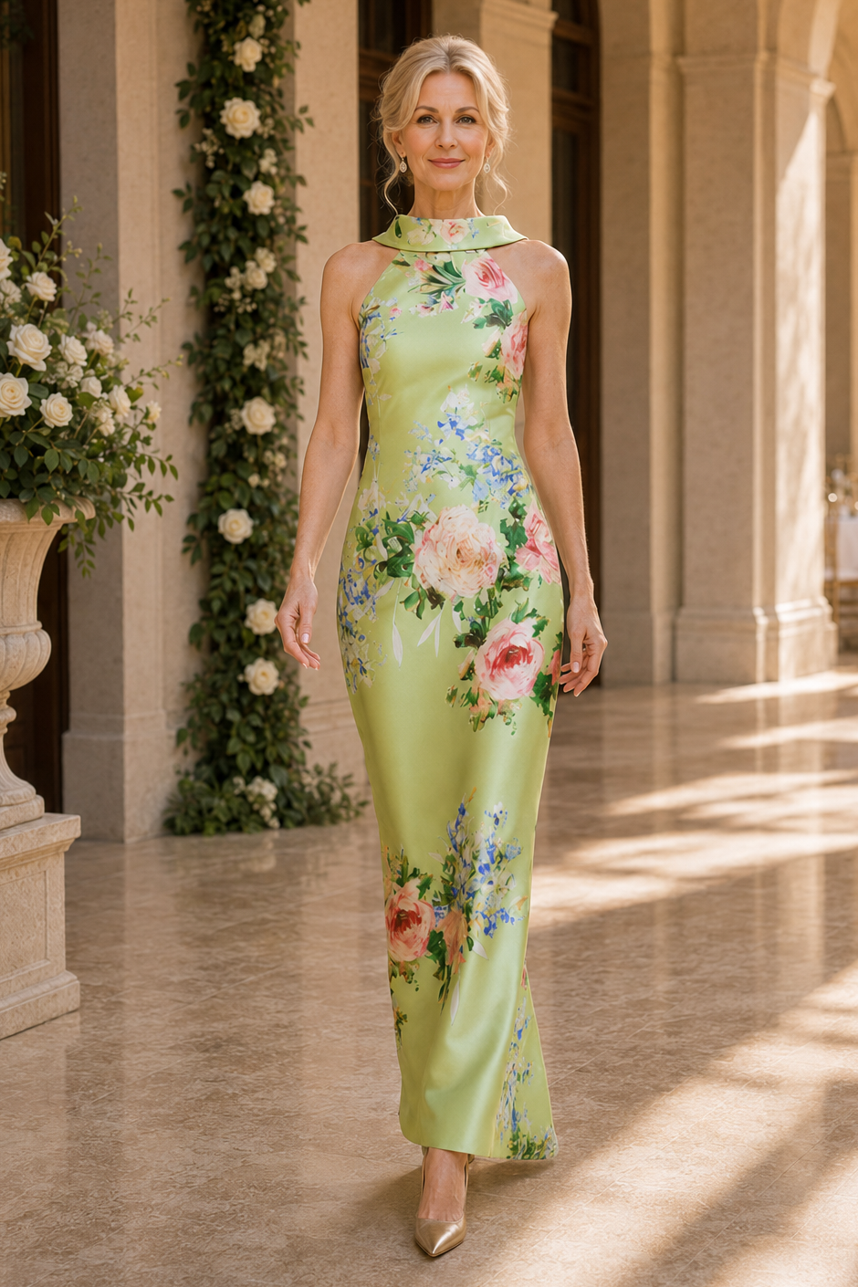 Geblümtes Maxikleid mit hohem Kragen und Schleife