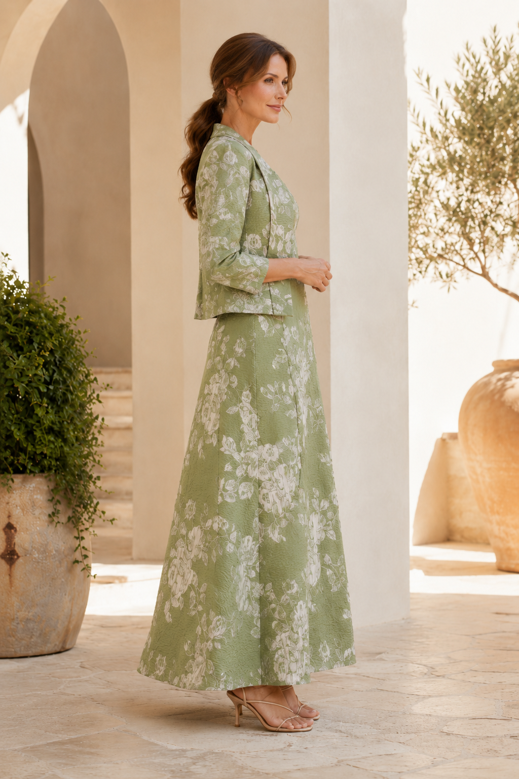 Maxikleid mit Blumen-Jacquard im A-Linien-Schnitt und verkürzter Jacke im Set