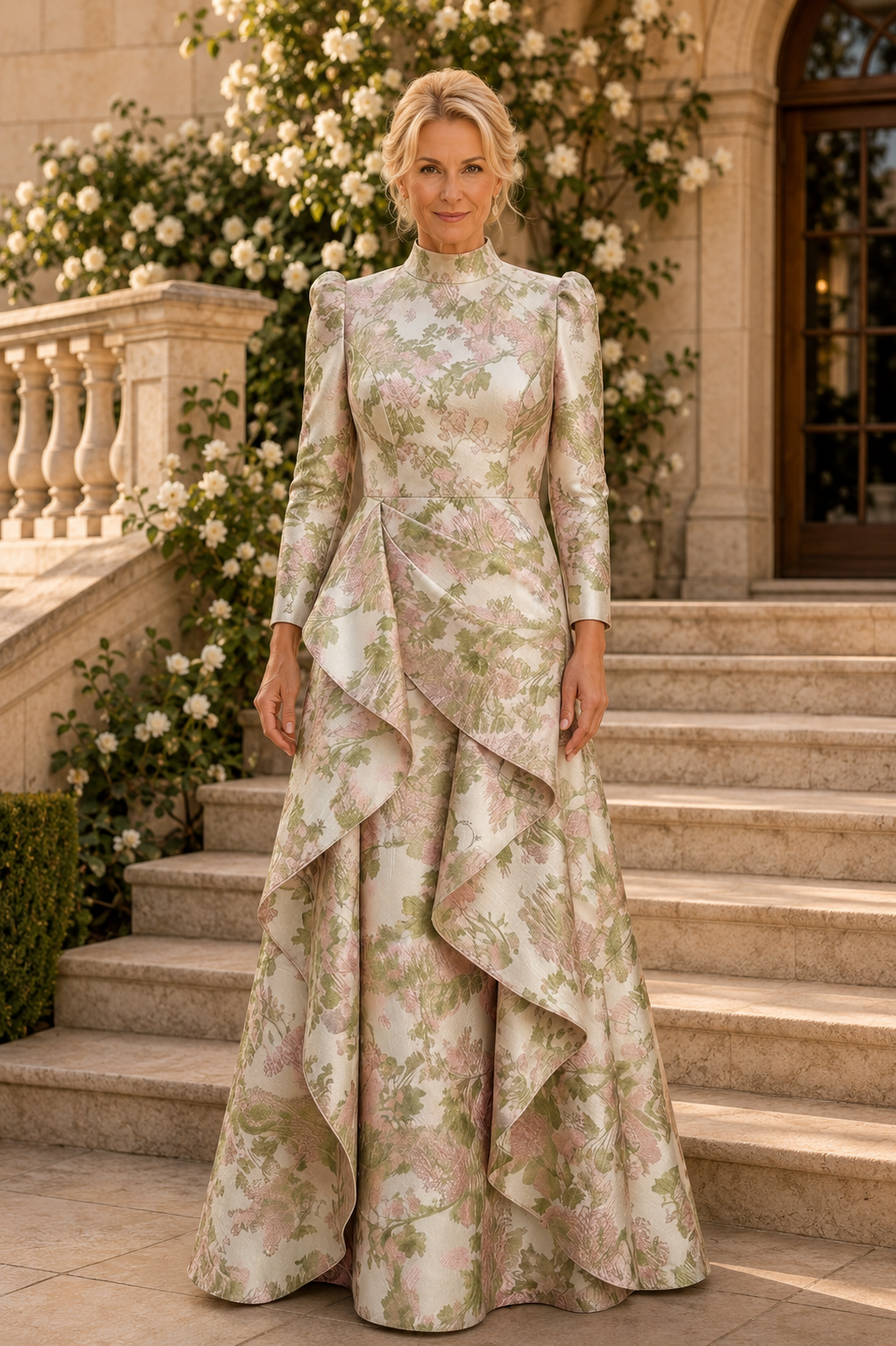 Hochgeschlossenes Jacquard-Kleid mit Blumenmuster und Kaskadenrüschen