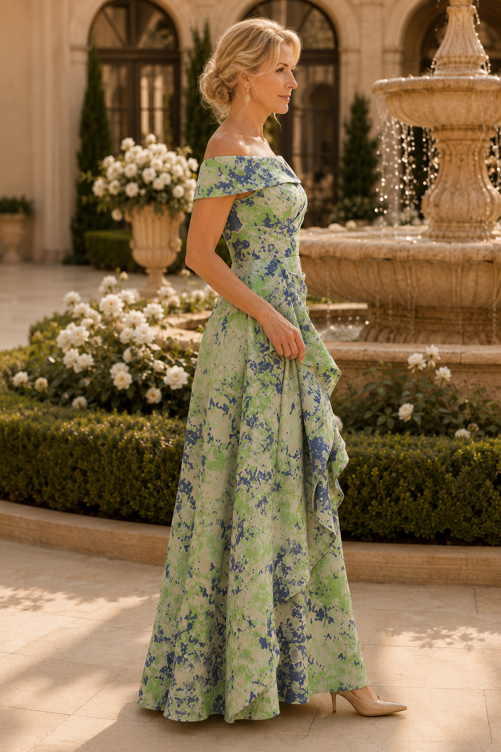 Carmen-Ausschnitt, plissiertes, gestuftes A-Linien-Kleid
