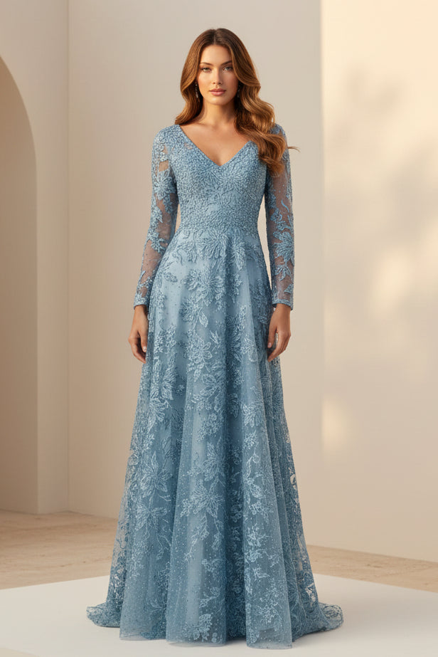 Langarm V-Ausschnitt Spitze A-Linien Abendkleid