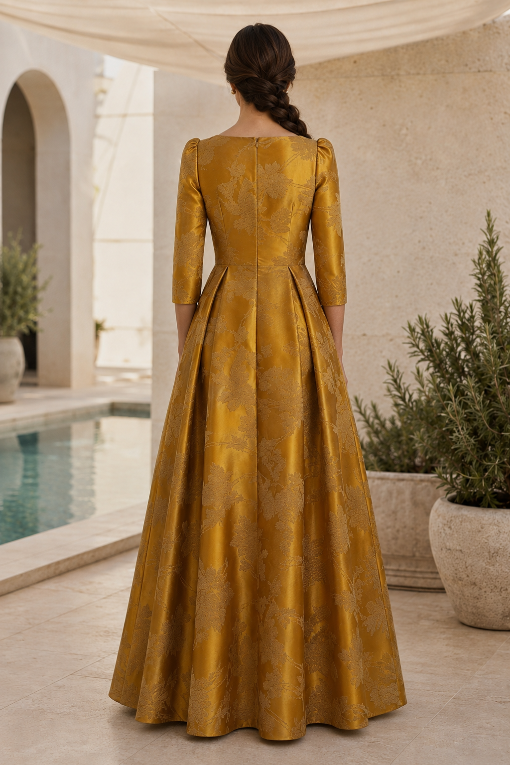 Jacquard-A-Linien-Kleid mit High-Low-Saum und 3/4-Ärmeln