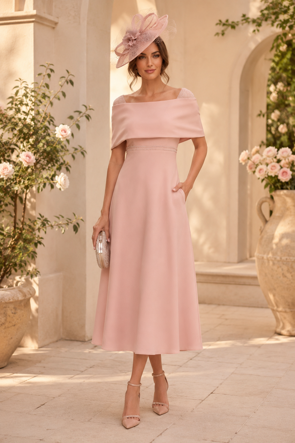 Off-Shoulder Midi-Kleid mit Schleifendetail am Rücken