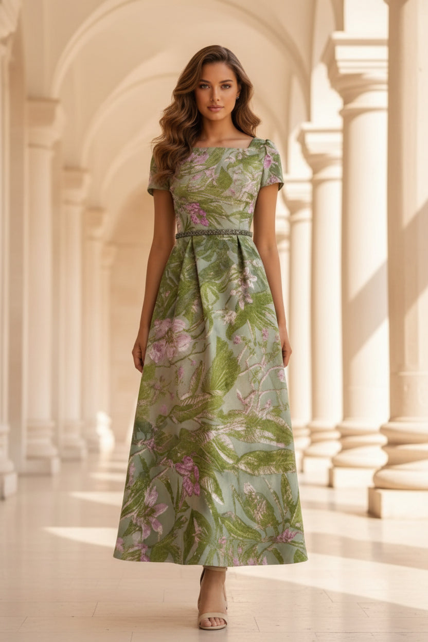 Geblümtes Jacquard-Maxikleid mit Perlenbesetztem Gürtel