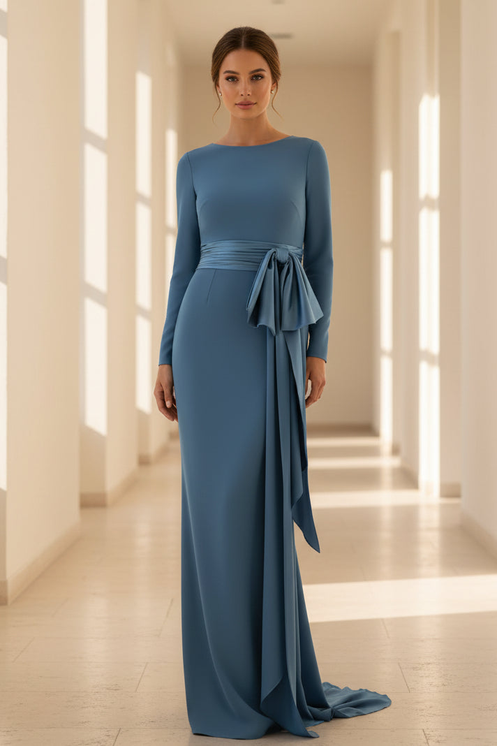 Elegantes langärmeliges Etui-Abendkleid mit seitlicher Schleife