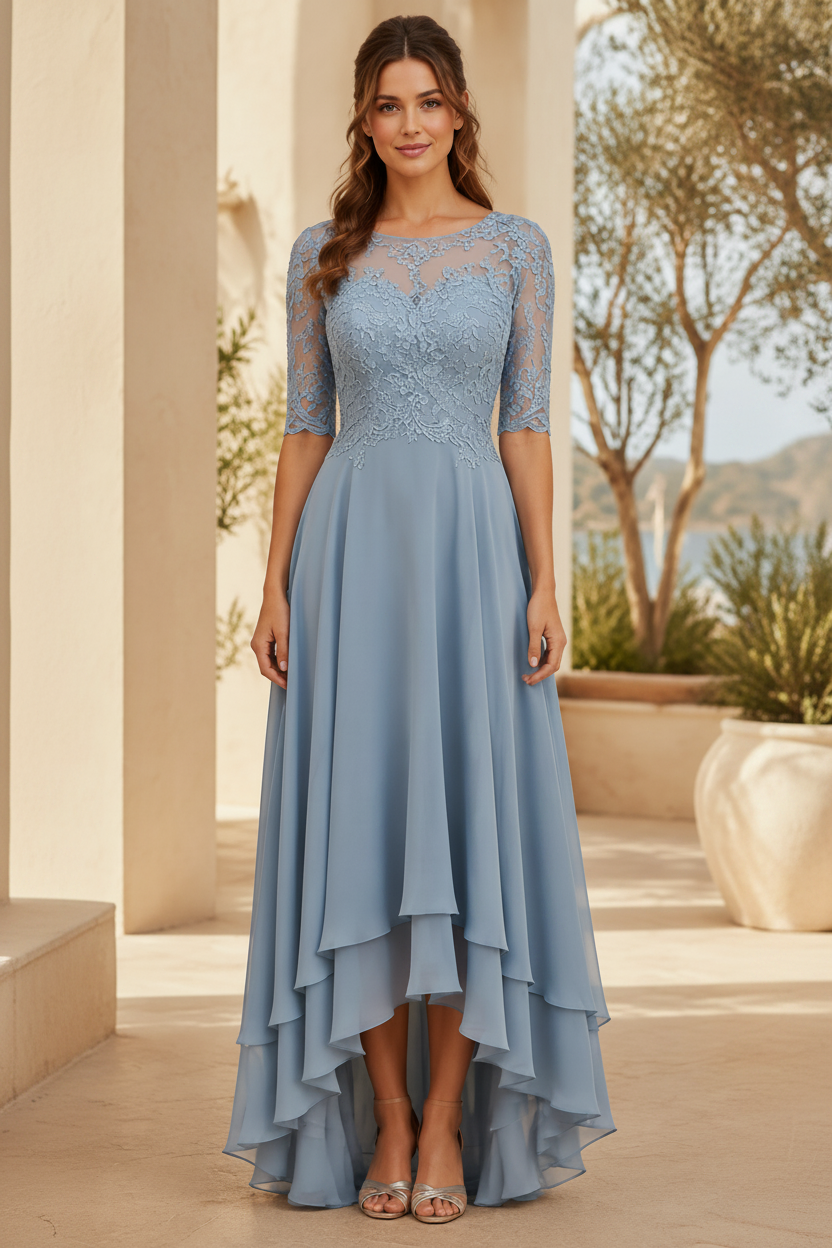 Abendkleid aus Chiffon mit Illusion-Spitzenoberteil und High-Low-Saum