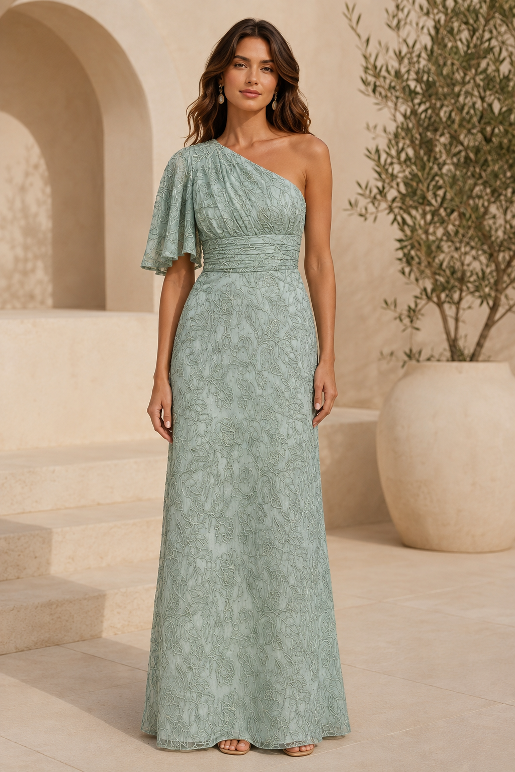 Asymmetrisches Maxikleid mit Flügelärmeln aus Spitze