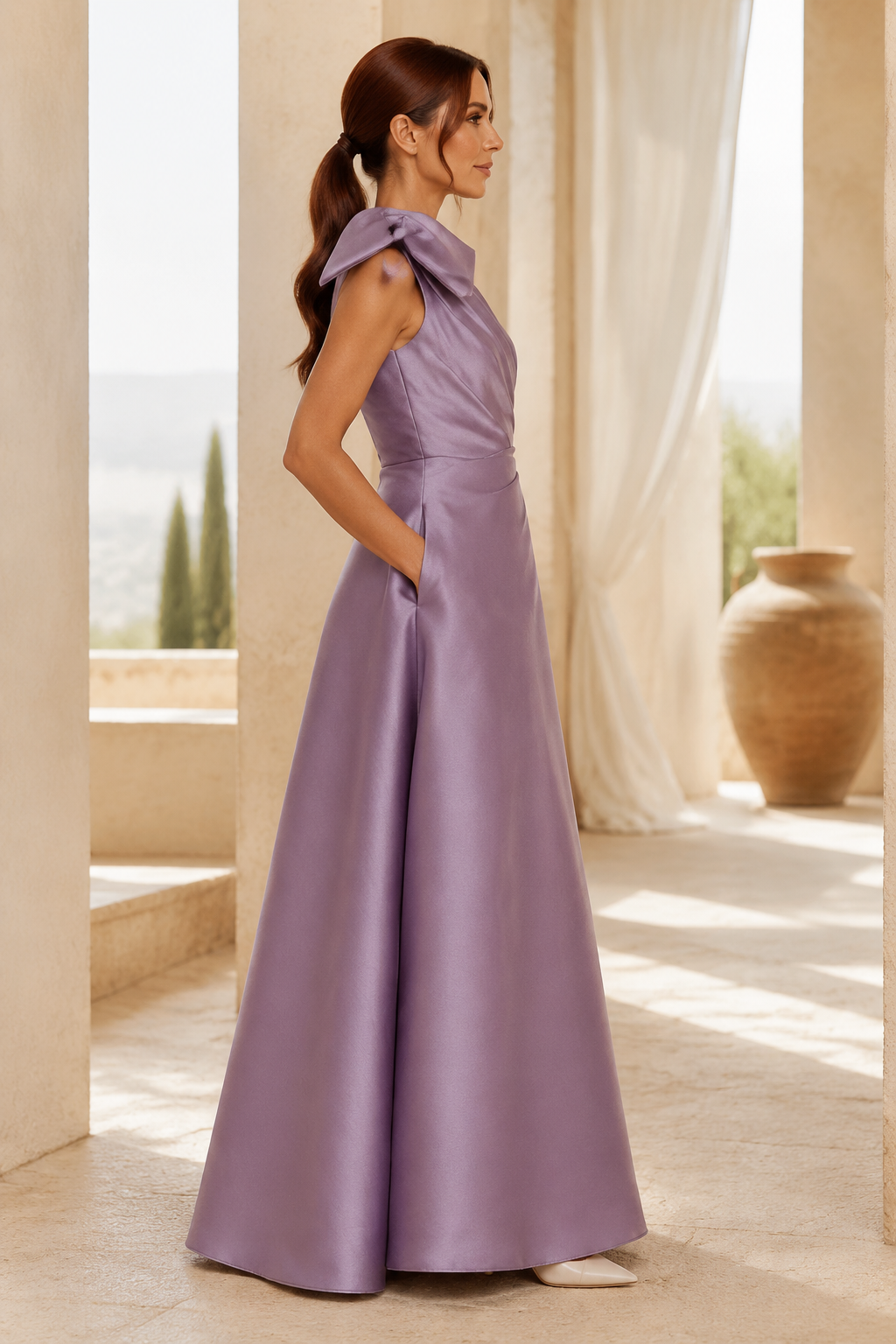 Satin-A-Linien-Kleid mit One-Shoulder, Schleife und Taschen