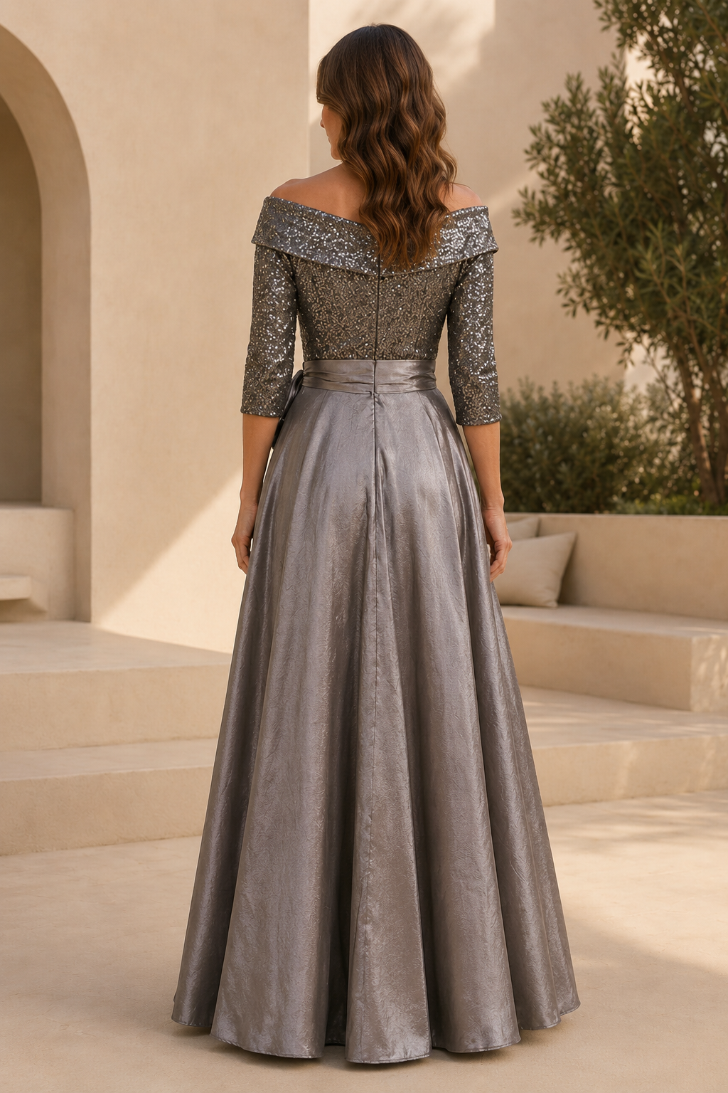 Schulterfreies A-Linien-Abendkleid mit Pailletten-Oberteil