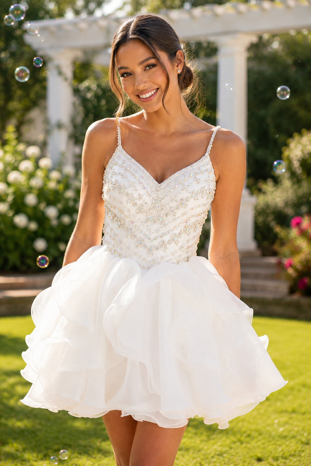 Verziertes Oberteil mit Rüschen aus Organza, Mini-Kleid