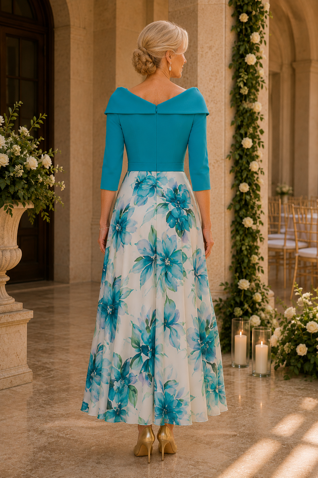 Kleid mit Porträtkragen, Blumenmuster und Falten, knöchellang