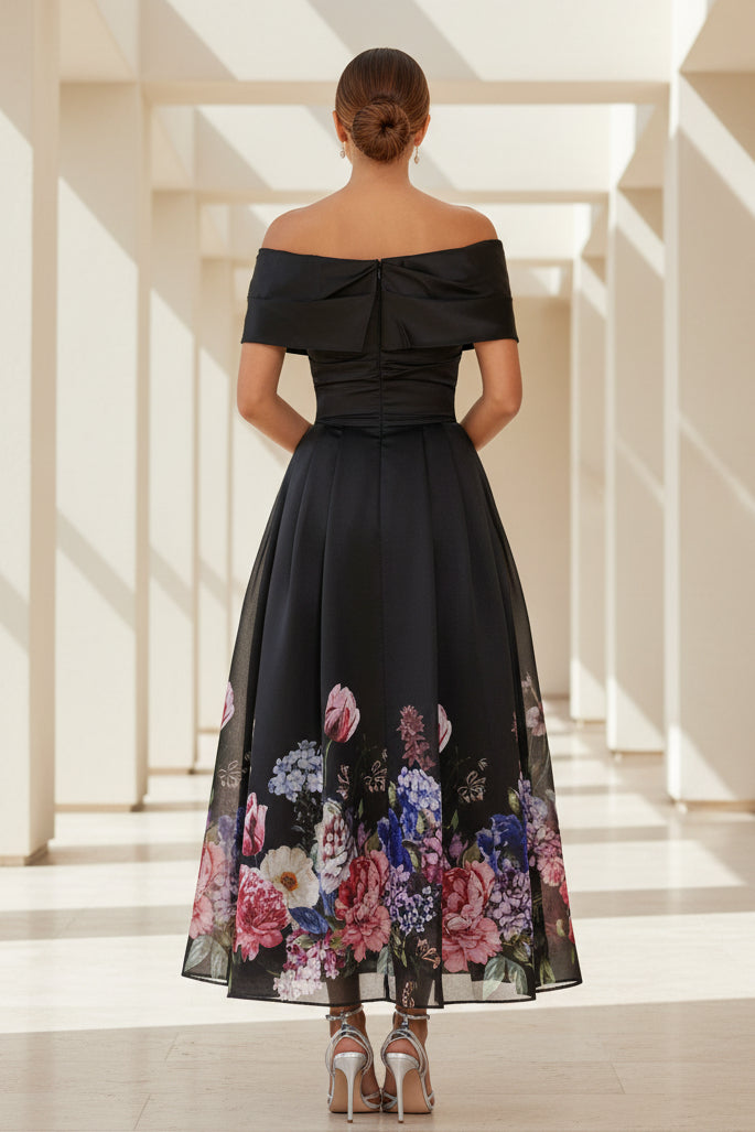 Carmen-Ausschnitt, Blumenmuster, A-Linie, Teelanges Kleid