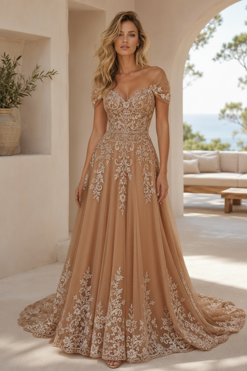 A-Linien-Brautkleid mit Spitzenapplikationen und schulterfreiem Dekolleté