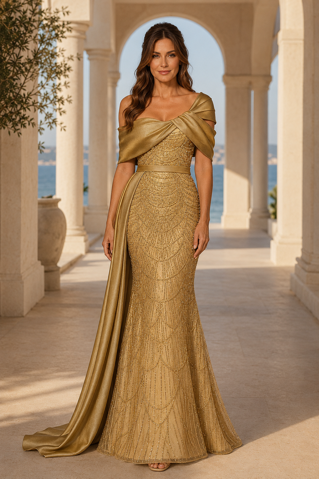 Off-Shoulder Meerjungfrauenkleid mit Paillettenmuster & Satindrapierung