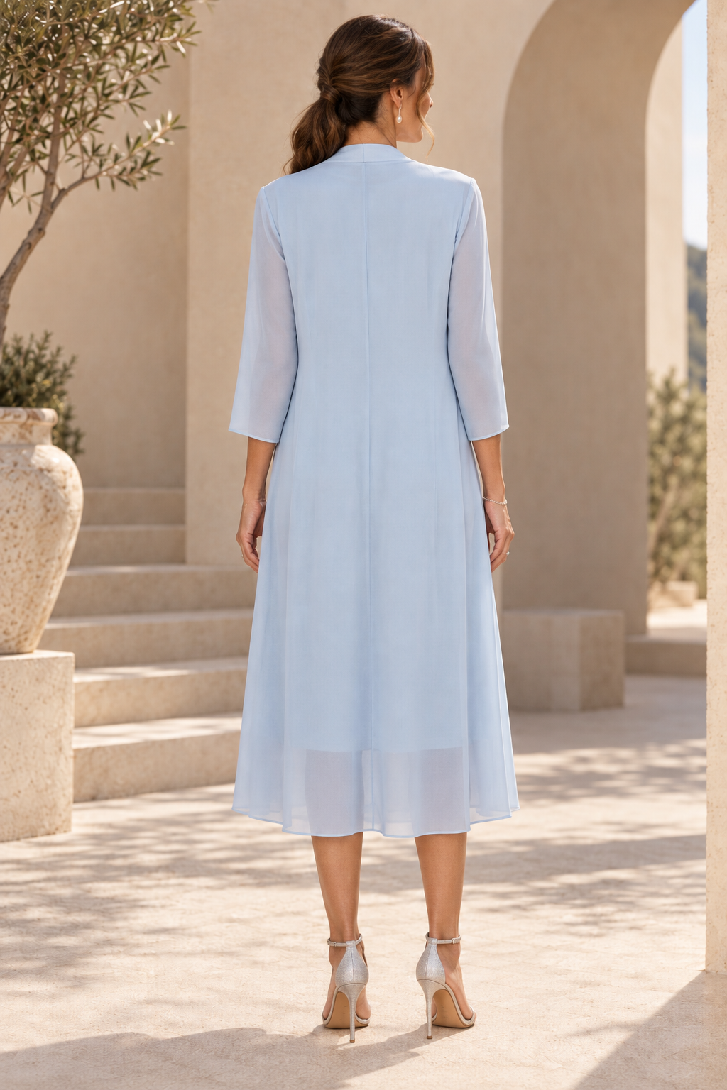 Embroidered Sheath Dress with Chiffon Duster