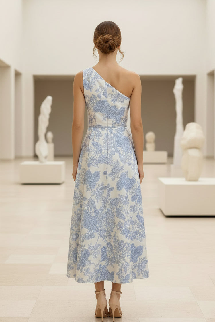 Blumen-Jacquard-Midikleid mit One-Shoulder-Träger und Rüschen