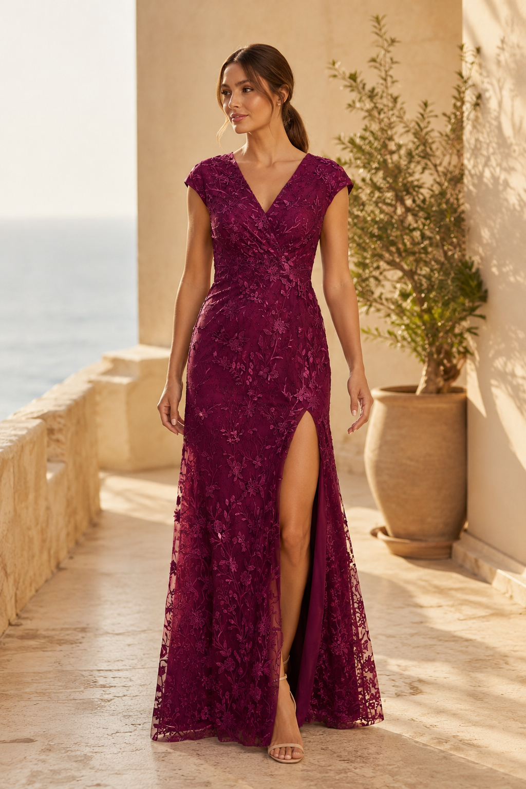 Florales Spitzen-Abendkleid mit kurzen Ärmeln und hohem Schlitz