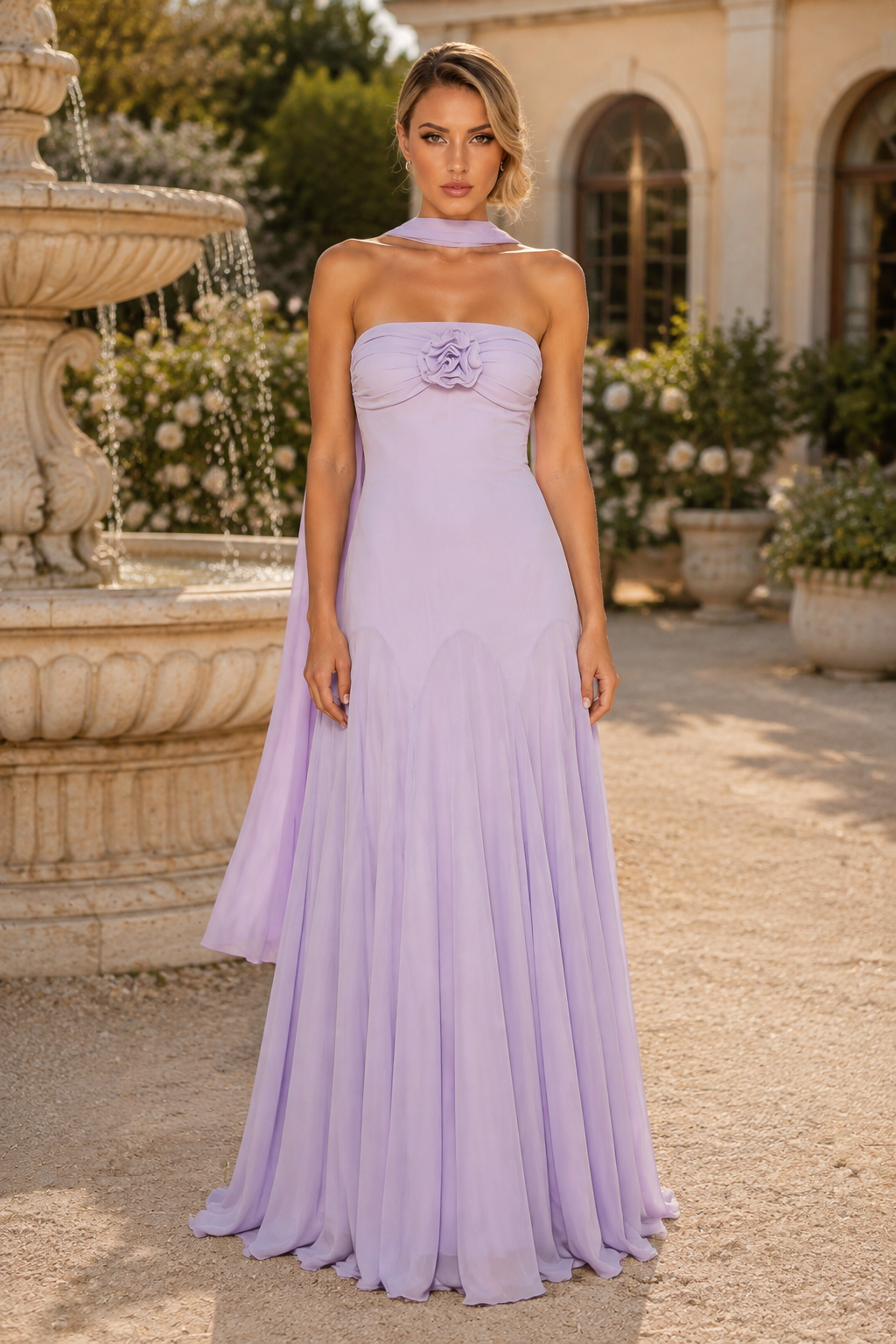Trägerloses Chiffonkleid mit Rosetten und Falten und Schal