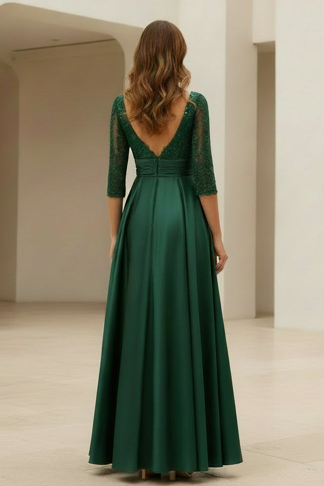 A-Linien Abendkleid aus Satin und Spitze mit 3/4-Ärmeln und Illusion-Ausschnitt
