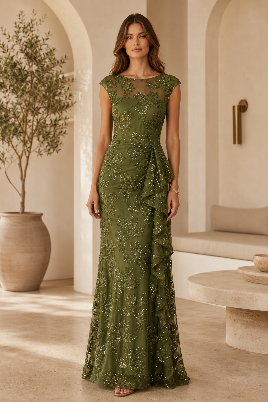 Säulenkleid mit Paillettenblatt-Illusion und Rüschen