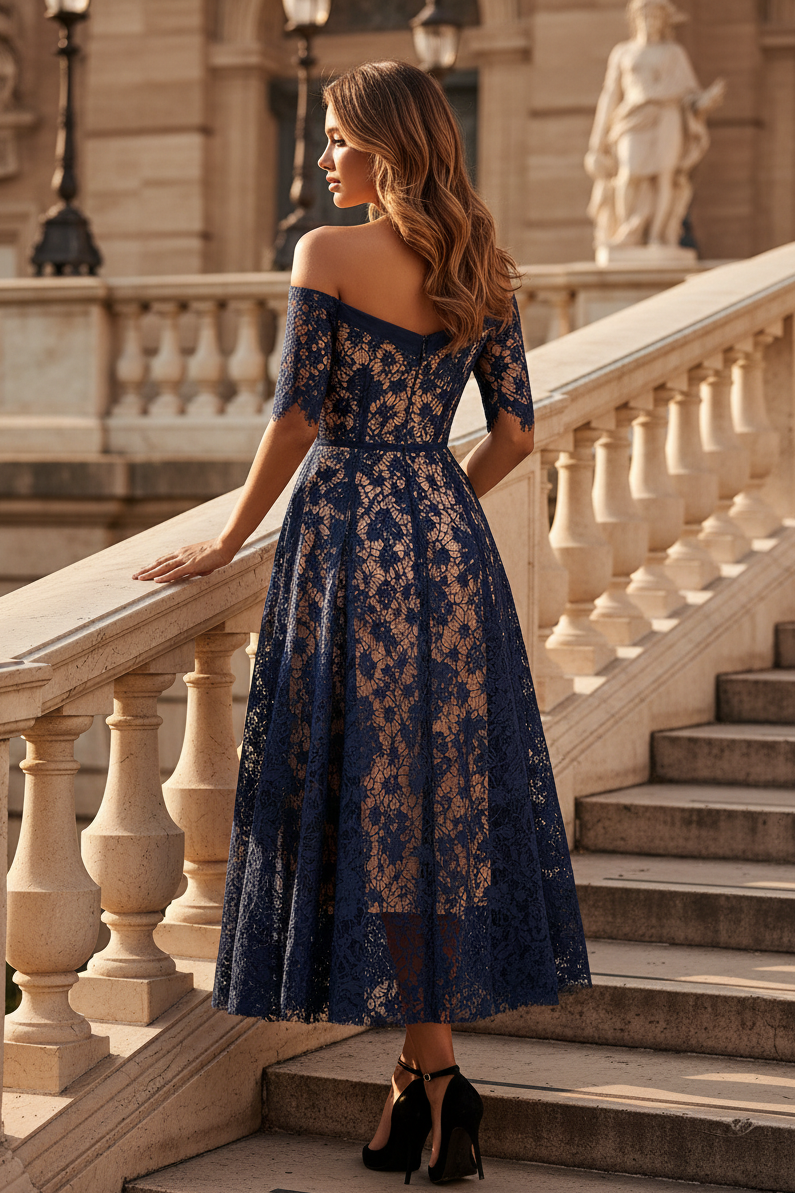 Schulterfreies Spitzenkleid in Teelänge