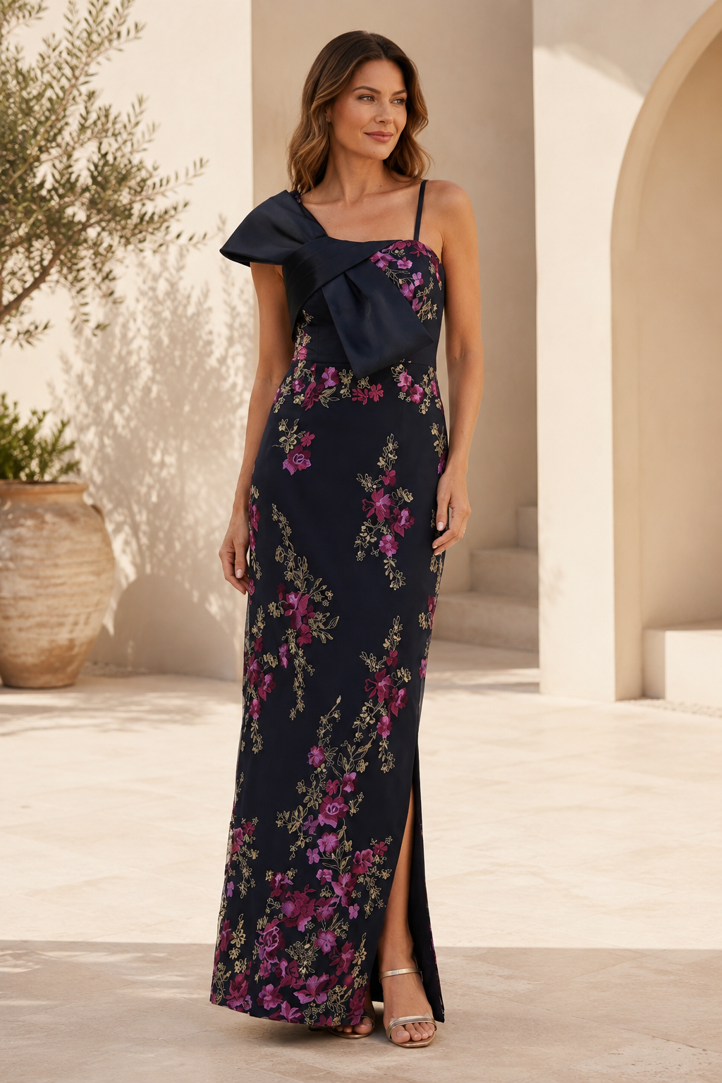 Ein-Schulter-Abendkleid mit Blumenspitze und Schlitz
