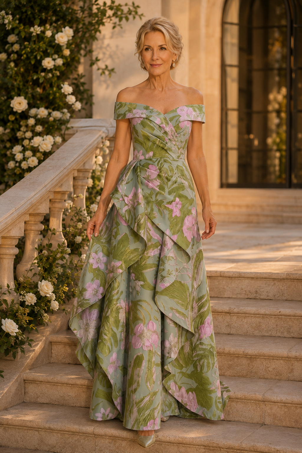 Schulterfreies, gestuftes Abendkleid aus floralem Jacquard