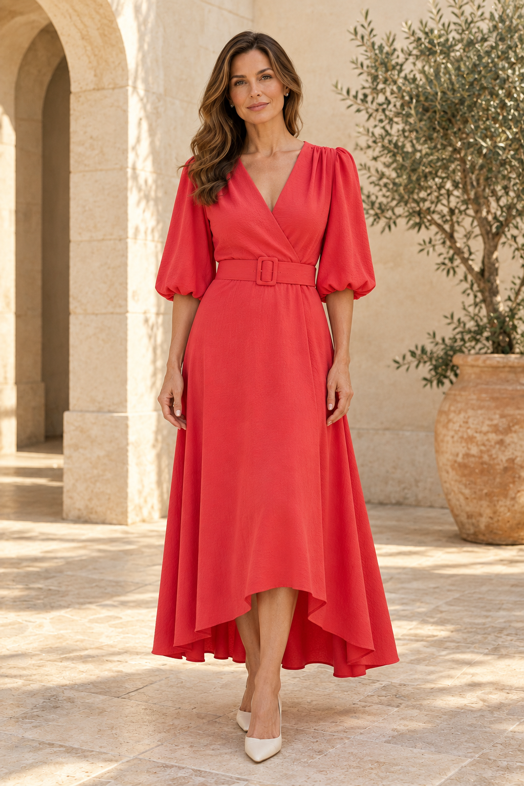 Puff Sleeve High-Low Wrap Dress with Belt