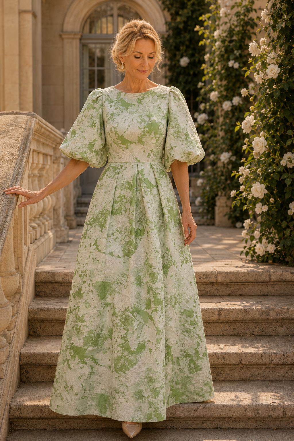 Maxikleid mit Puffärmeln und Falten im A-Linien-Schnitt