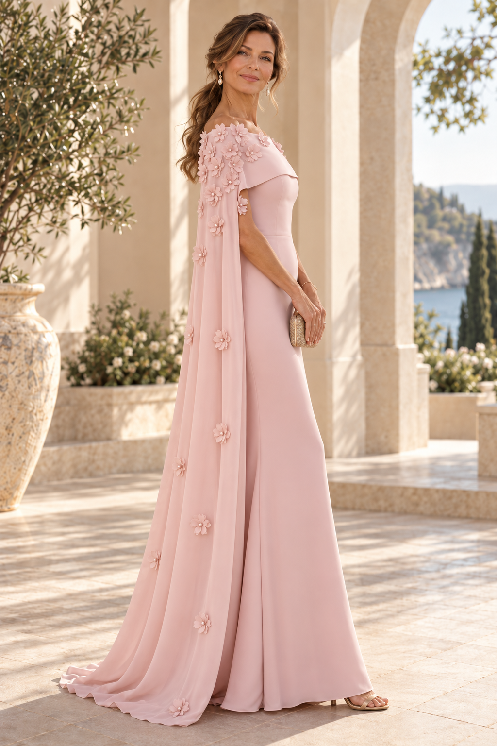 Off-the-Shoulder Cape Evening Gown with 3D Florals
