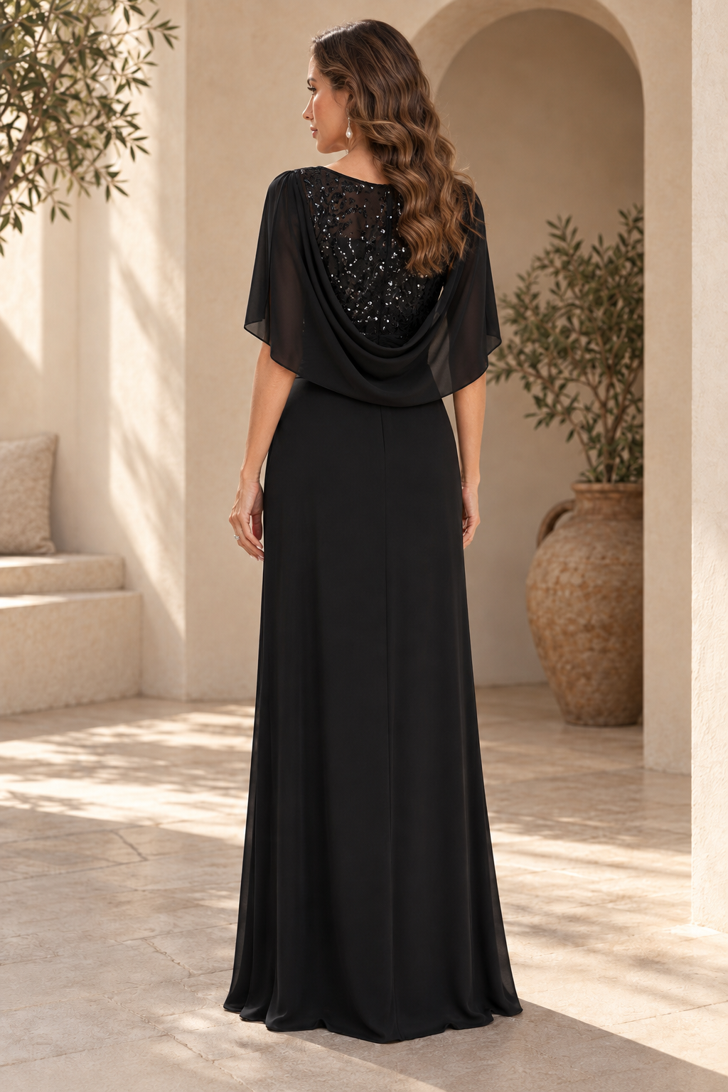 Sequin Bodice Split-Sleeve Maxi Dress with Slit
