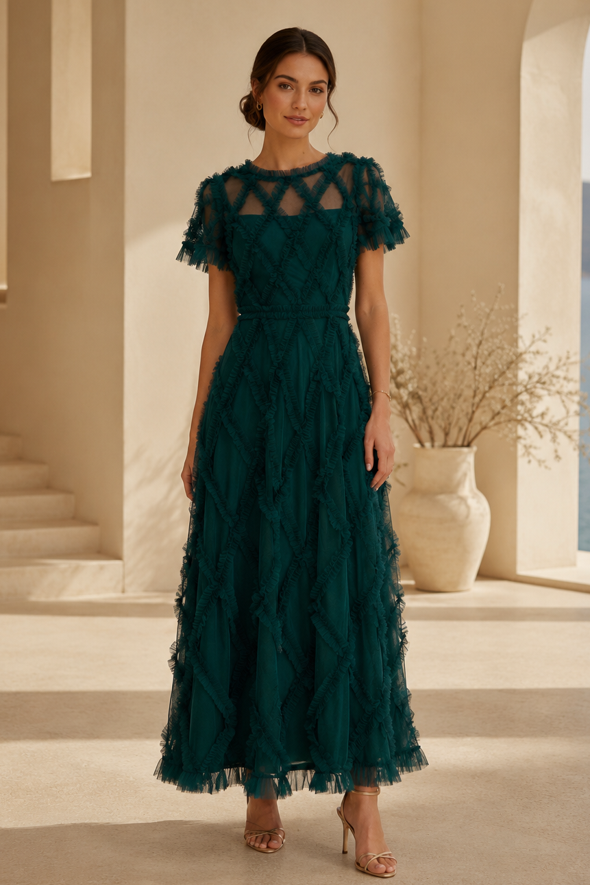 Gerüschtes A-Linien-Tüllkleid mit Illusion-Ausschnitt