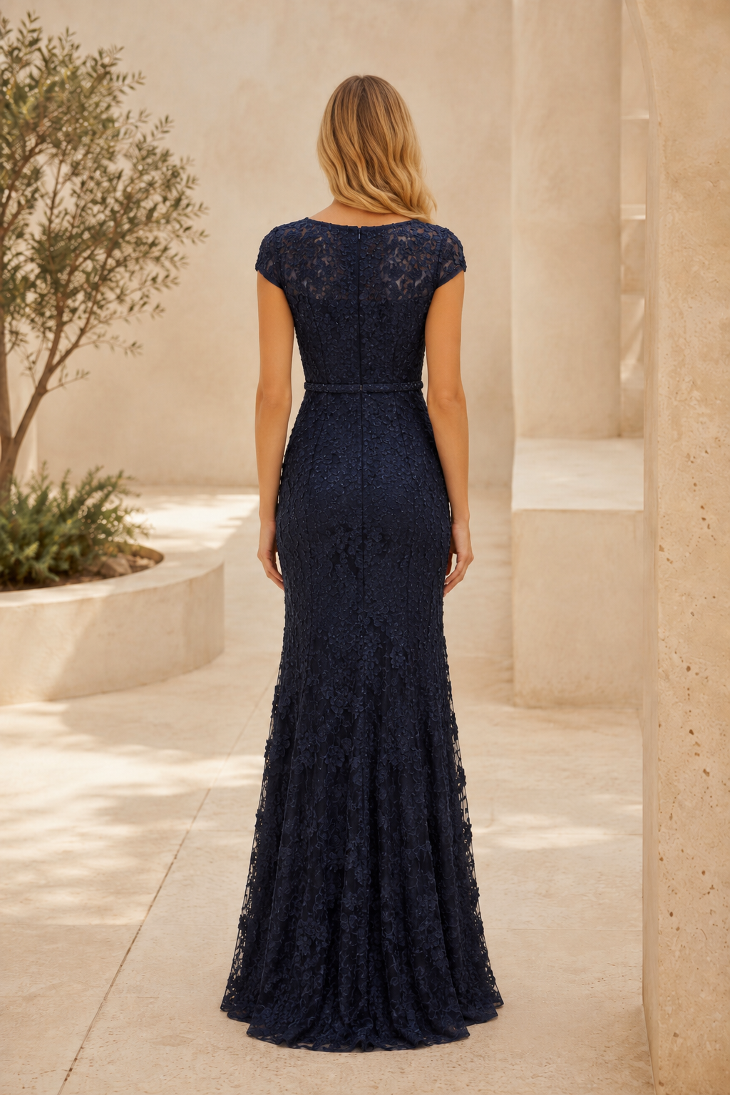Meerjungfrauen-Abendkleid mit Blumenmuster, Spitze und kurzen Ärmeln