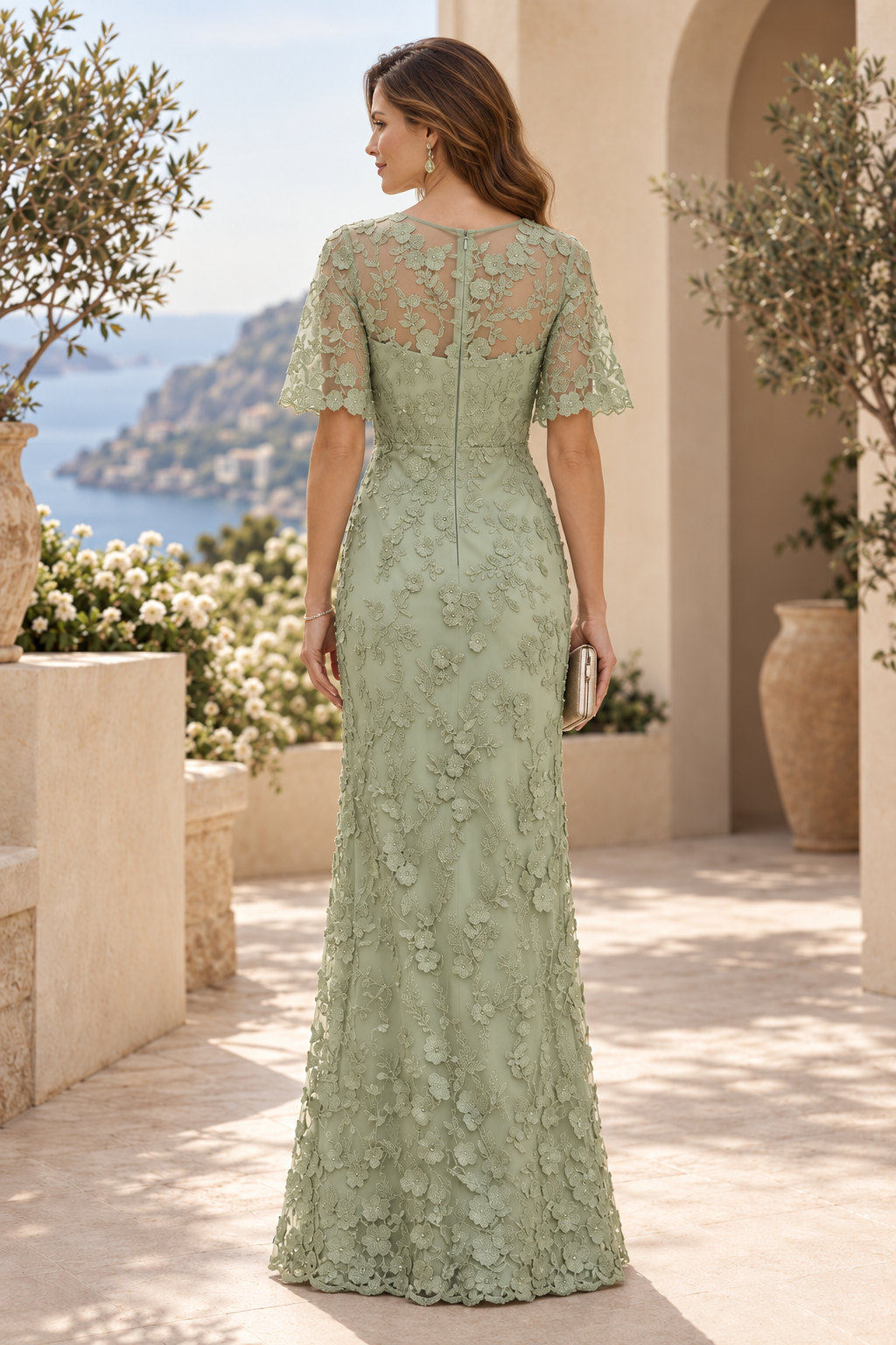 3D Floral Lace Flutter Sleeve Floor-Length Gown