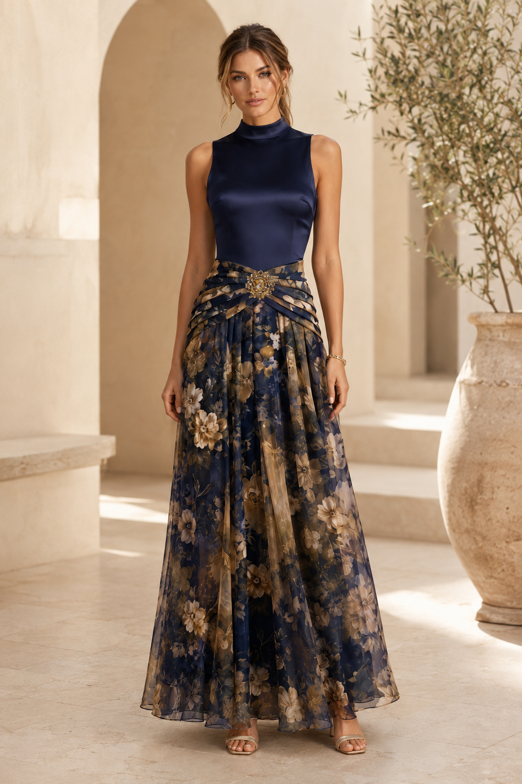 Ärmelloses Abendkleid mit Blumenmuster und hohem Kragen