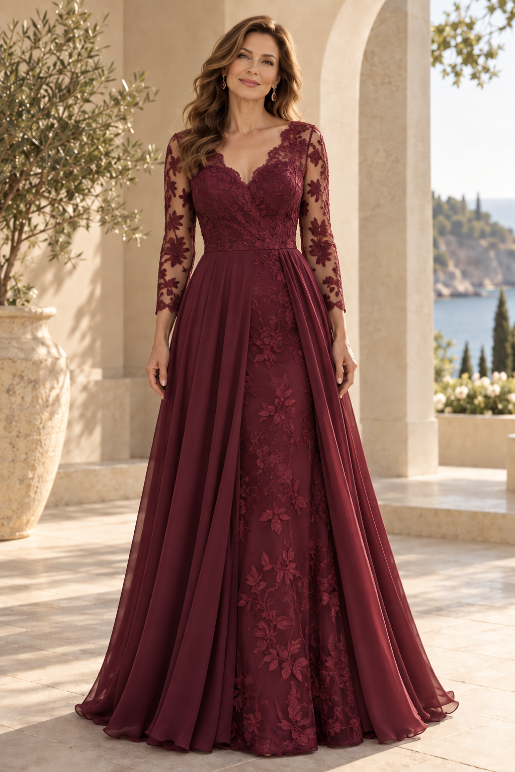 Lace Long Sleeve Evening Gown with Chiffon Overskirt