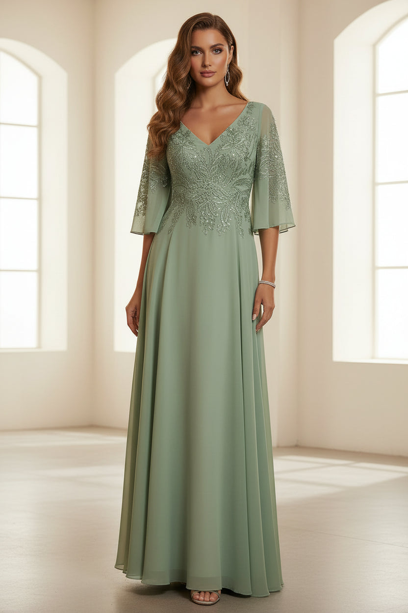 Besticktes V-Ausschnitt Chiffon Abendkleid