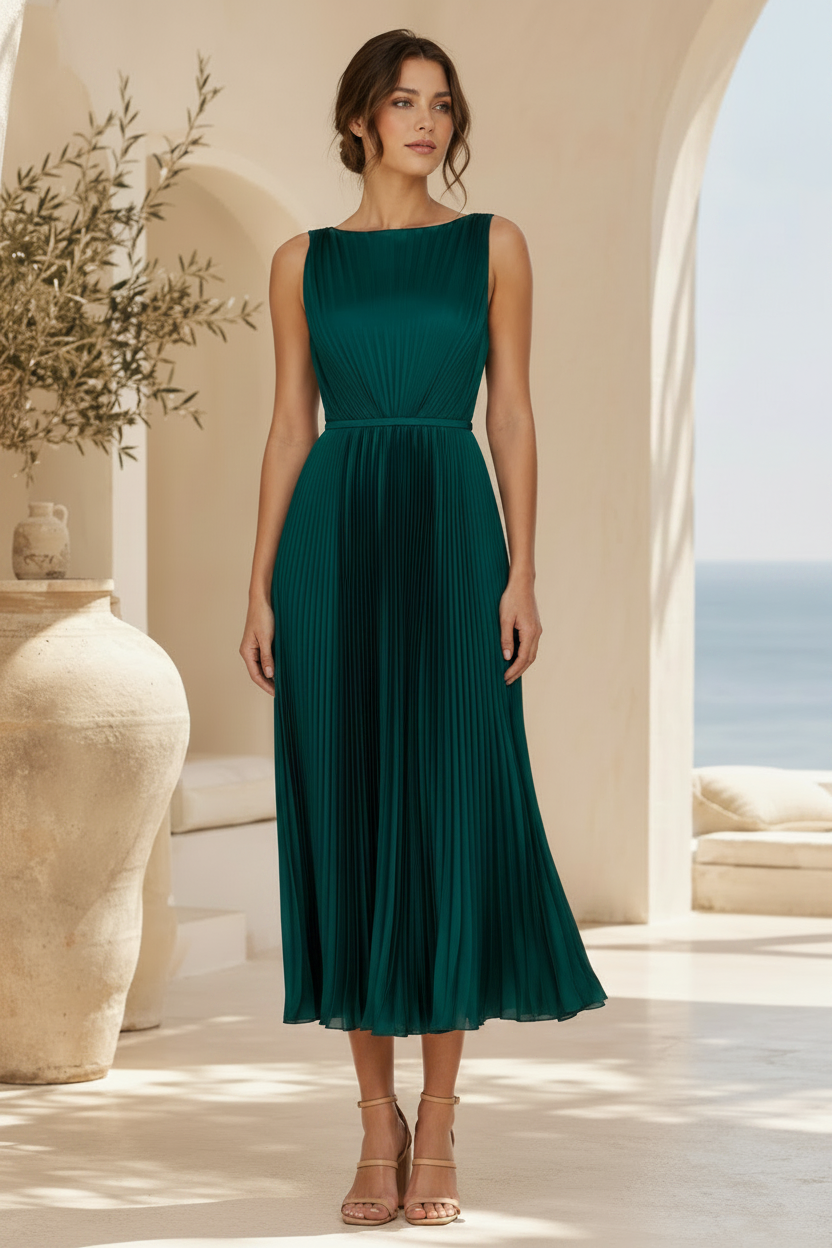 Plissiertes Satin A-Linien Midikleid mit Bateau-Ausschnitt