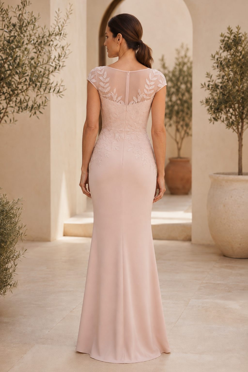 Meerjungfrauen-Abendkleid mit Illusionsspitze und Flügelärmeln