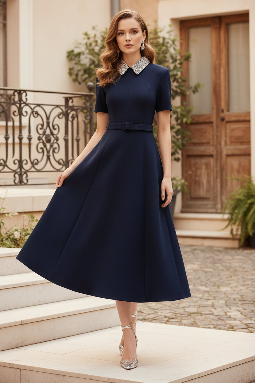 Midikleid in A-Linie mit Perlenkragen
