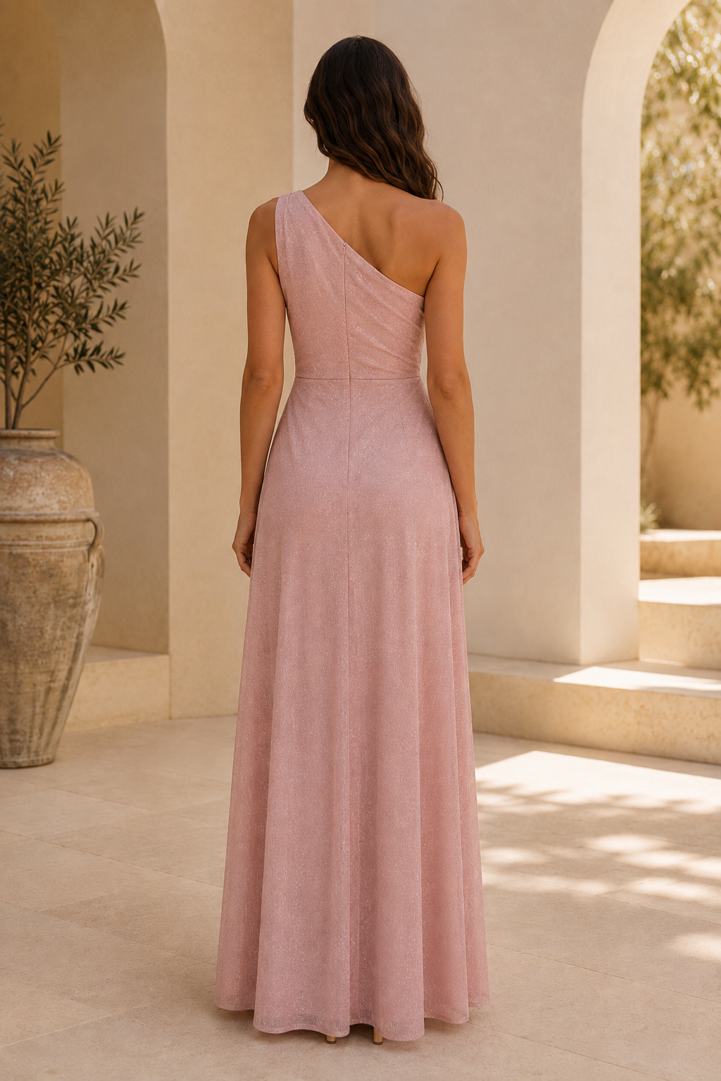 Ein-Schulter-Glitzerkleid mit Stufenrüschenrock