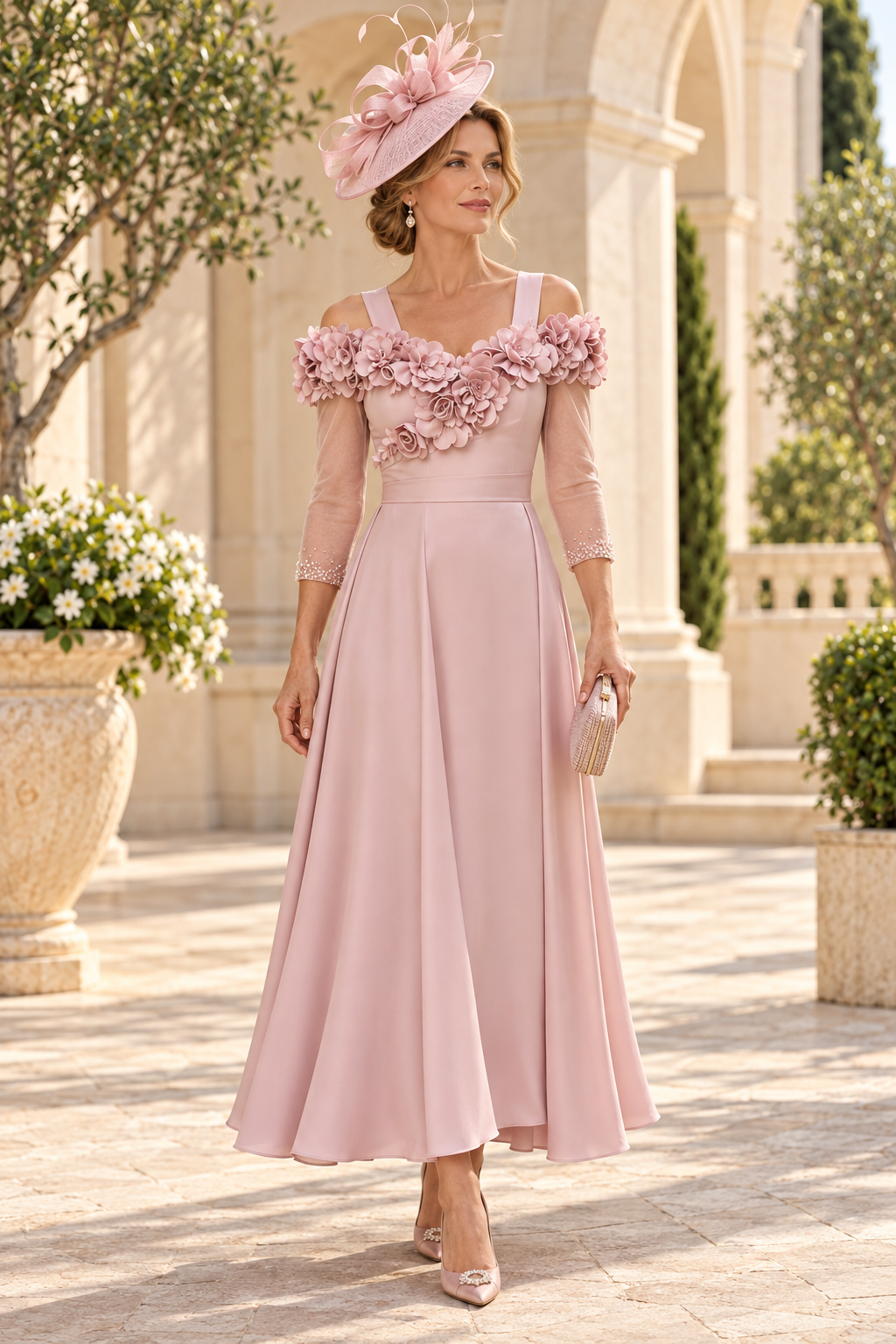 3D Floral Cold-Shoulder Tea-Length A-Line Dress