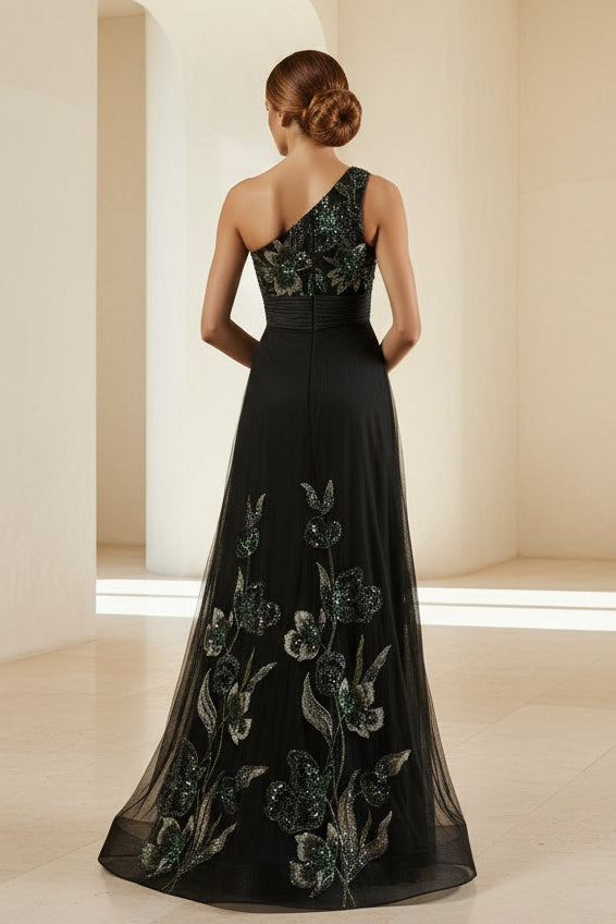Asymmetrisches A-Linien-Abendkleid mit Pailletten und Blumenmuster