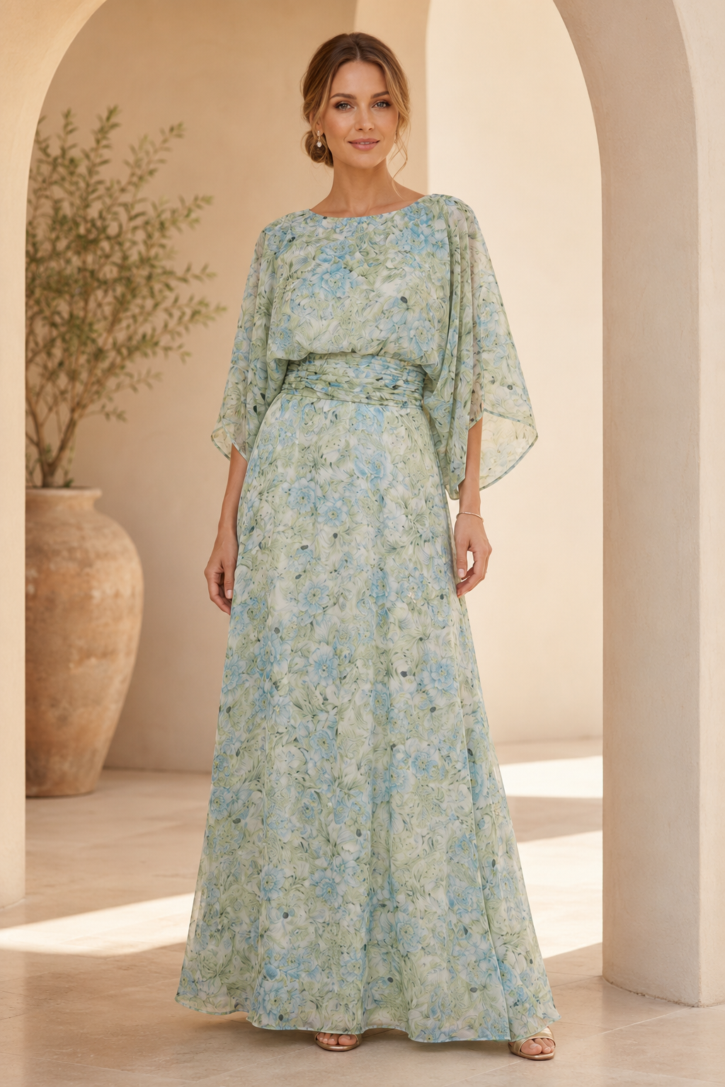 Geblümtes A-Linien-Kleid aus Chiffon mit Flatterärmeln