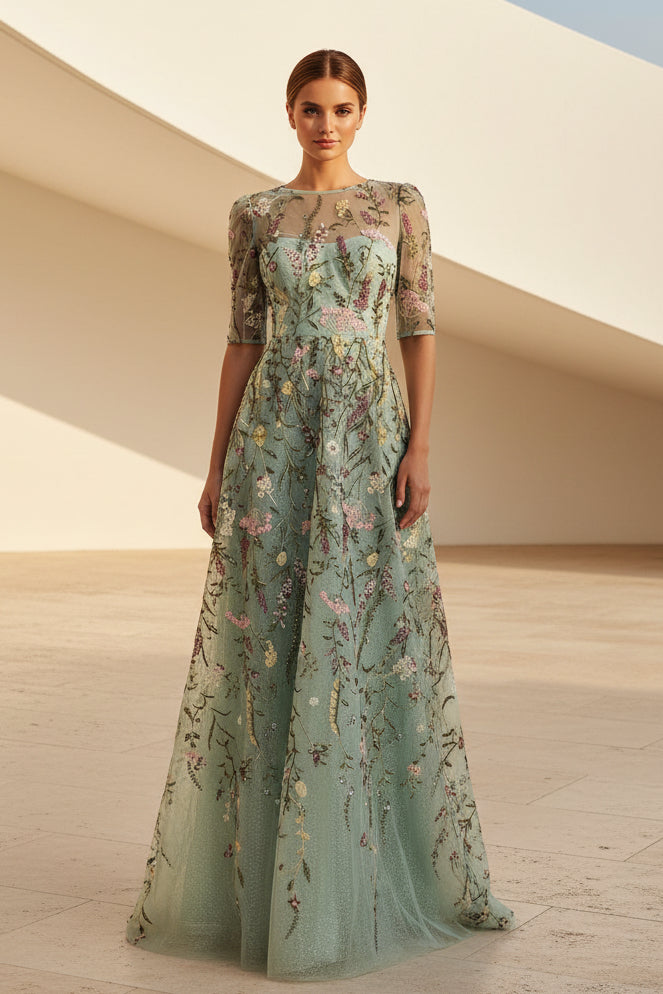Besticktes Tüll-A-Linien-Abendkleid