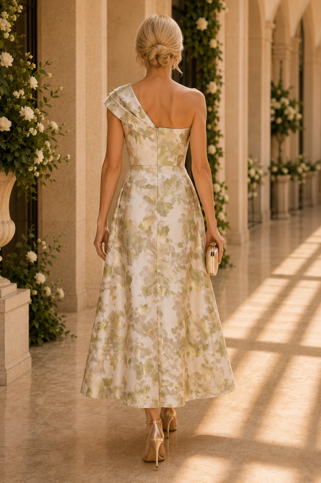 One-Shoulder-Kleid aus floralem Jacquard in Teelänge